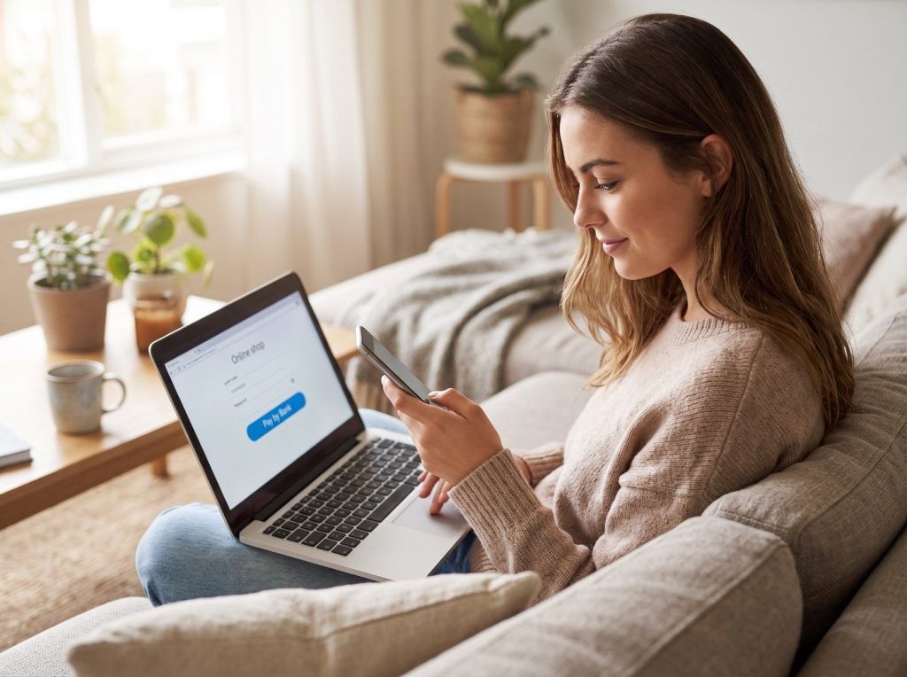Customer paying in an online shop from the sofa