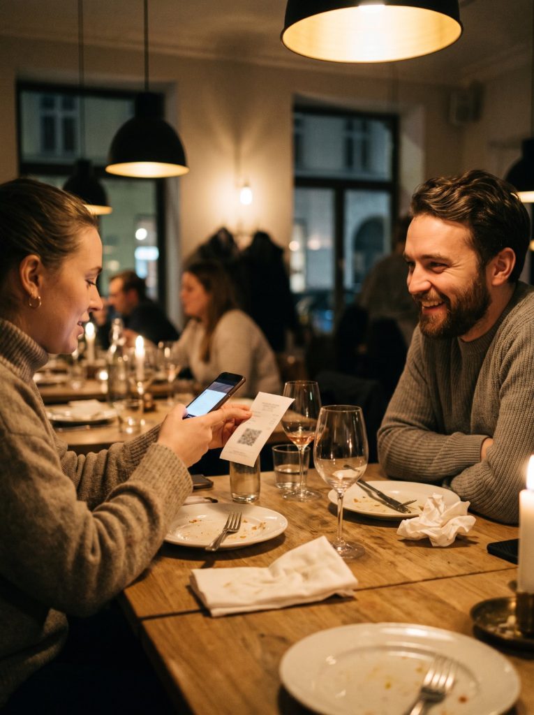 Guests paying at a restaurant table